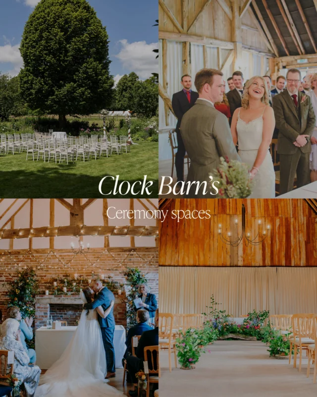 Where will you say ‘I do’? 🤍👉🏻  📷
@miaphotographyuk 
@nadinelorettaphotography 
@a_knights_tale_photography 
@natasha_jay_photography 
@alistair_jones_photography 
@chloemartin_photography_ 
@alisaroberts_  Whether you picture an indoor ceremony surrounded by the character of our Main Barn…  🤍✨🩵  Or a slightly more intimate celebration on our Dancefloor…  ✨🤍💫  Perhaps an outdoor celebration with the Hampshire countryside as your backdrop?  🍃🌸🌷  Or a celebration in The Stable Room with just your closest friends and family…  💡💫🍂  You might be dreaming of a rustic celebration in our Paddock?  Clock Barn offers a choice of beautiful spaces to make your ceremony your own 💫  And with the flexibility to choose a space that feels right for you, your ceremony can be every bit as individual as the day itself.  Discover our ceremony spaces and imagine where your day could begin.  #weddinginspiration #clockbarnwedding #ceremonysetups #weddingphotography #hampshirebarnwedding